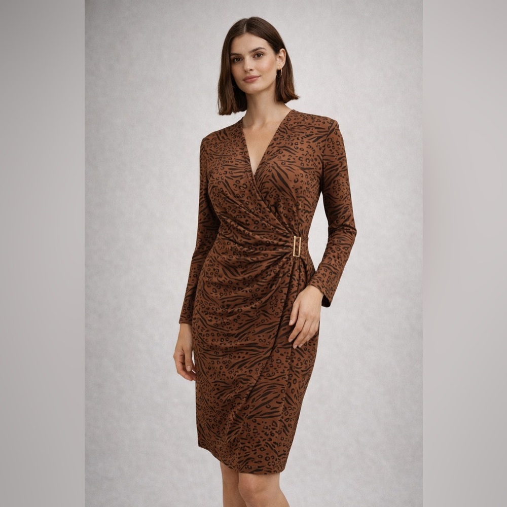 Anne Klein Women’s Wrap Dress Midi Long Sleeve Leopard Print Gently Used Size 6
